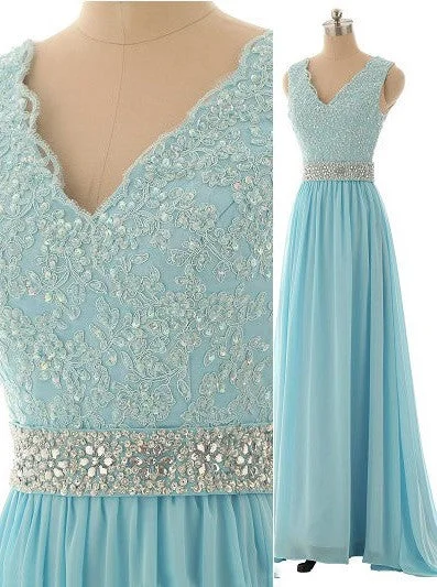 Elegant V-Neck Beading Long Prom Dress A-Line Crystal Chiffon Evening Gown