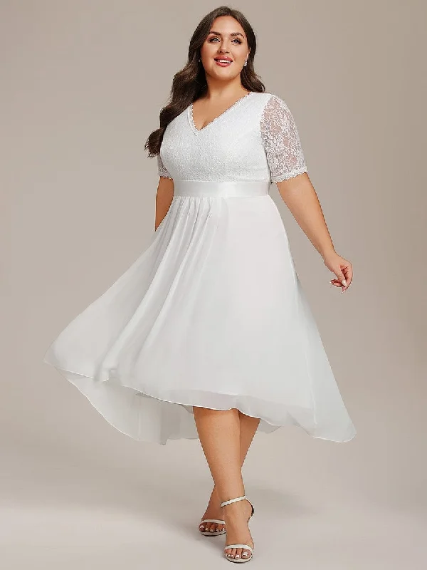 Plus Size Half Sleeve Lace Pleated V-Neck Midi Wedding Guest Dress