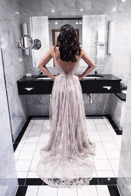 Spaghetti Straps Prom Dresses  V-neck Open Back  Evening Gowns CE059