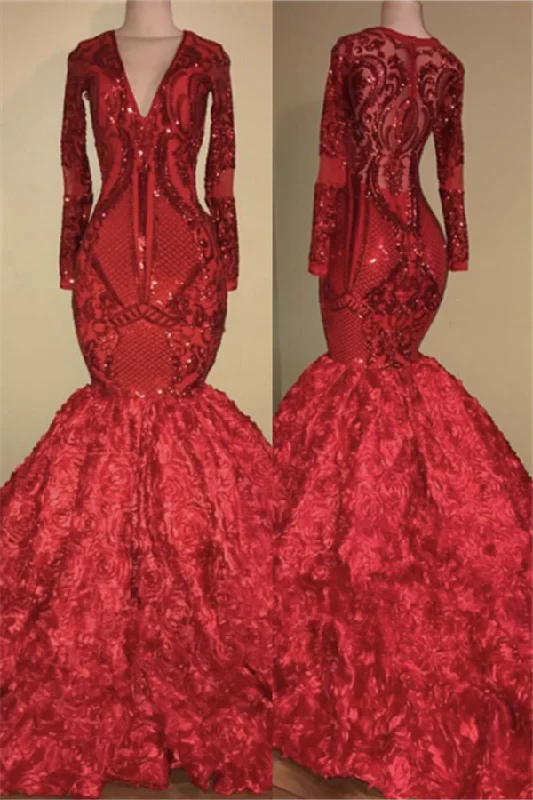 V-neck Sparkle Appliques Mermaid Floral Prom Dress | Long Sleeve Luxury Red Dress for Prom V-neck Sparkle Appliques Mermaid Floral Prom Dress | Long Sleeve Luxury Red Dress for Prom