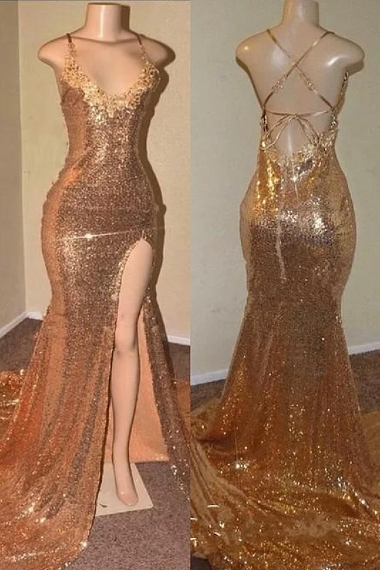 Open Back Sexy Slit Gold Sequin Prom Dresses | Spaghetti Straps Appliques Formal Evening Gowns Open Back Sexy Slit Gold Sequin Prom Dresses | Spaghetti Straps Appliques Formal Evening Gowns