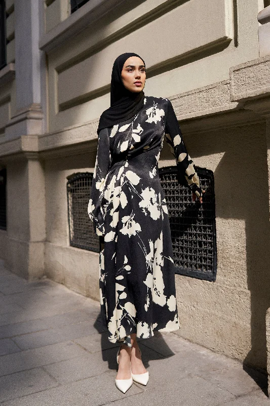 FLOWERED SATIN DRESS