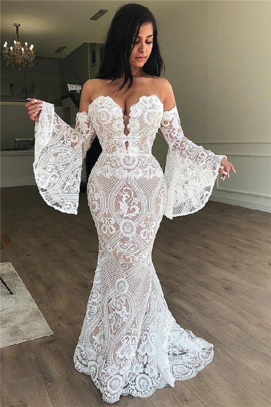 Off The Shoulder Bell Sleeves Lace Evening Dress | Strapless Sexy Prom Dresses Online