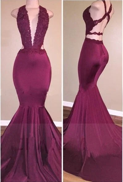 Sexy Beading Deep-V-Neck  Cross-Back Mermaid Prom Dresses