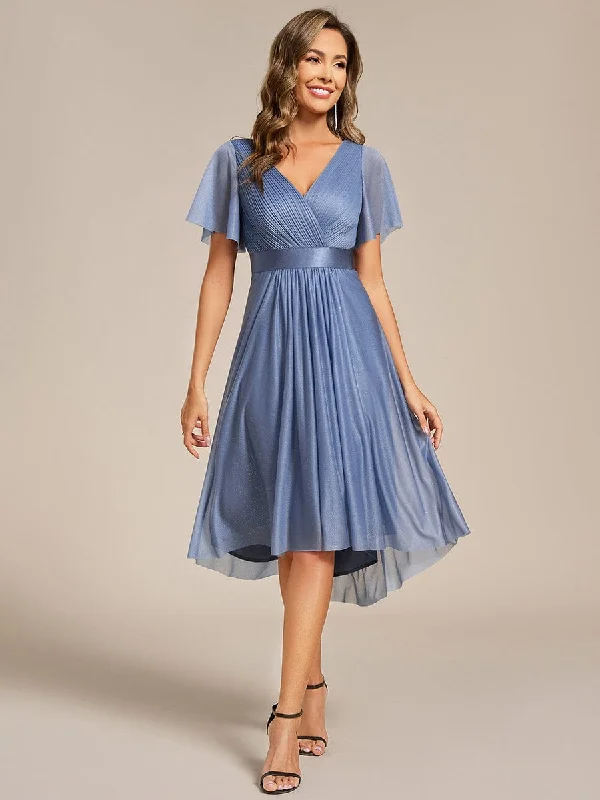 Short Sleeve V-Neck Pleated Glitter Midi Wedding Guest Dress