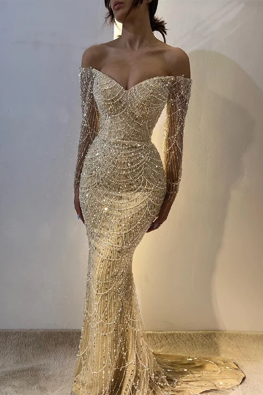 Chic Off-the-Shoulder Long Sleeves Prom Dress Mermaid Pearls With Beads