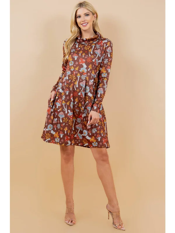 Brushed Hacci Hippy Mushroom Print Tunic Dress
