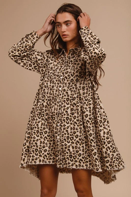 LEOPARD WASHED DENIM BUTTON DOWN DRESS