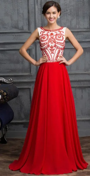Elegant Red A-Line Chiffon Evening Dress with Beading Hot Sale Crystal Prom Dresses