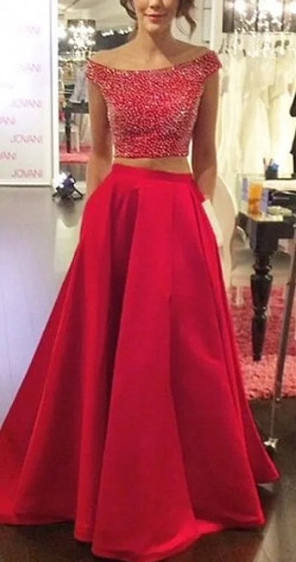 Red Two Piece Off Shoulder Prom Dress Back Hole Bateau A-line Evening Dresses with Pocket Red Two Piece Off Shoulder Prom Dress Back Hole Bateau A-line Evening Dresses with Pocket