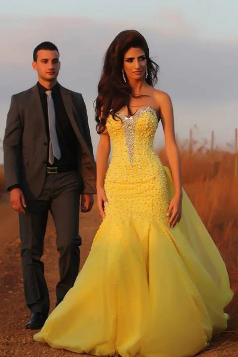 Crystal Sweetheart Yellow Sexy Mermaid Evening Dress Popular Chiffon Bowknot Trumpet Dresses for Women Crystal Sweetheart Yellow Sexy Mermaid Evening Dress Popular Chiffon Bowknot Trumpet Dresses for Women