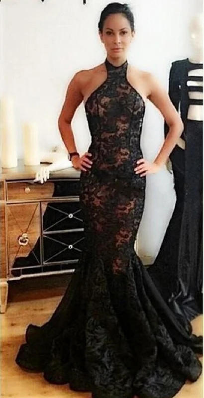 Sexy Backless Evening Gowns  Halter Black Lace Mermaid Prom Dresses