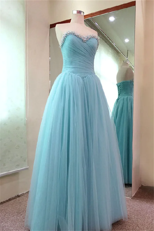 Tulle Rhinestone Rulles Prom Dresses  Sweetheart Tiered Strapless Evening Dresses