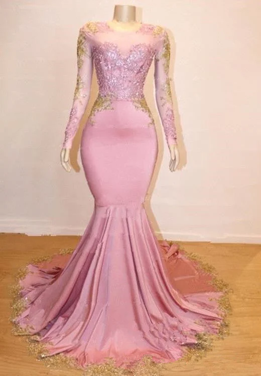 Pink Mermaid Long Sleeves Prom Dresses |  Gold Appliques Evening Dresses Online