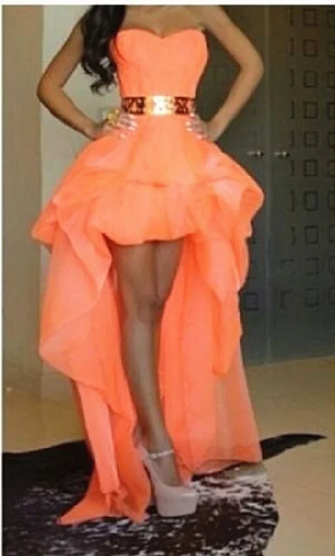 Chiffon Sweetheart Hi-lo Orange Homecoming Dresses with Gold Belt Cute Plus Size Prom Gowns Chiffon Sweetheart Hi-lo Orange Homecoming Dresses with Gold Belt Cute Plus Size Prom Gowns