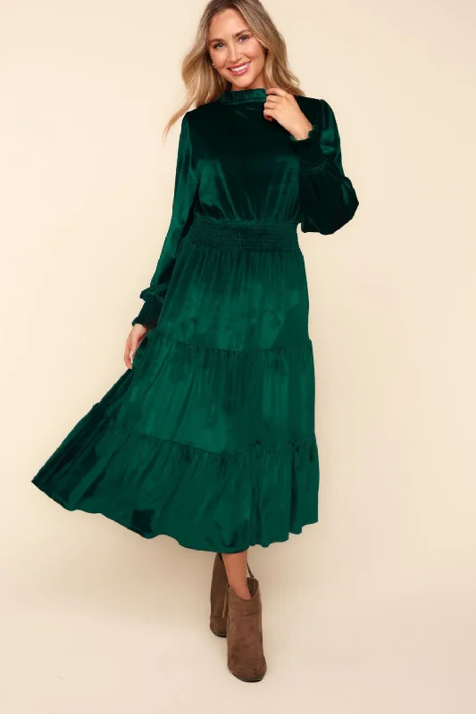 Blue Zone Planet |  Haptics Mock Neck Smocked Waist Velvet Tiered Dress