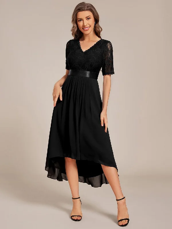 Half Sleeve Pleated V-Neck Lace Midi Wedding Guest Dress