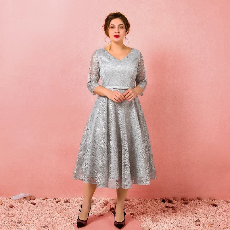 Evening Dresses 2019 Fashion A-line V-neck Natural Tea-length Lace-up llusion Party Gown