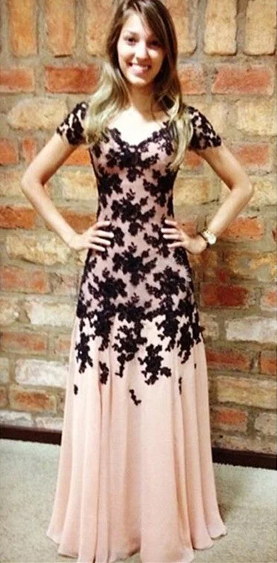 Elegant A-Line Black Lace Applique Prom Dress Short Sleeve Chiffon Long Evening Gown Elegant A-Line Black Lace Applique Prom Dress Short Sleeve Chiffon Long Evening Gown