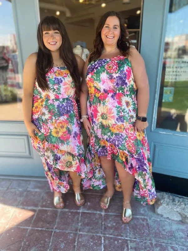 Plus Vivid Floral Asymmetric Ruffle Hem Dress
