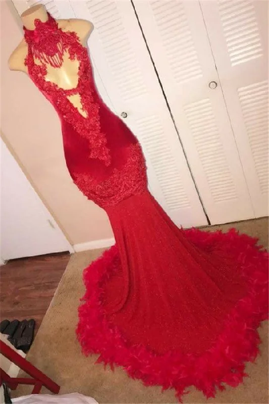 Red Mermaid Applique Evening Gown |  High Neck Feather Sleeveless Prom Dress BC1628