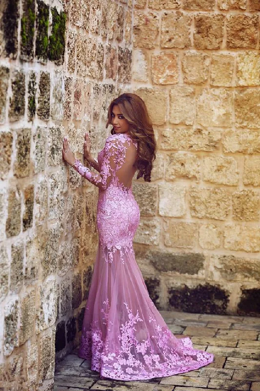 Sexy Mermaid Long Sleeve Lilac Evening Dresses Vintage Tulle Applique Long Special Occasion Gowns MH007 Sexy Mermaid Long Sleeve Lilac Evening Dresses Vintage Tulle Applique Long Special Occasion Gowns MH007