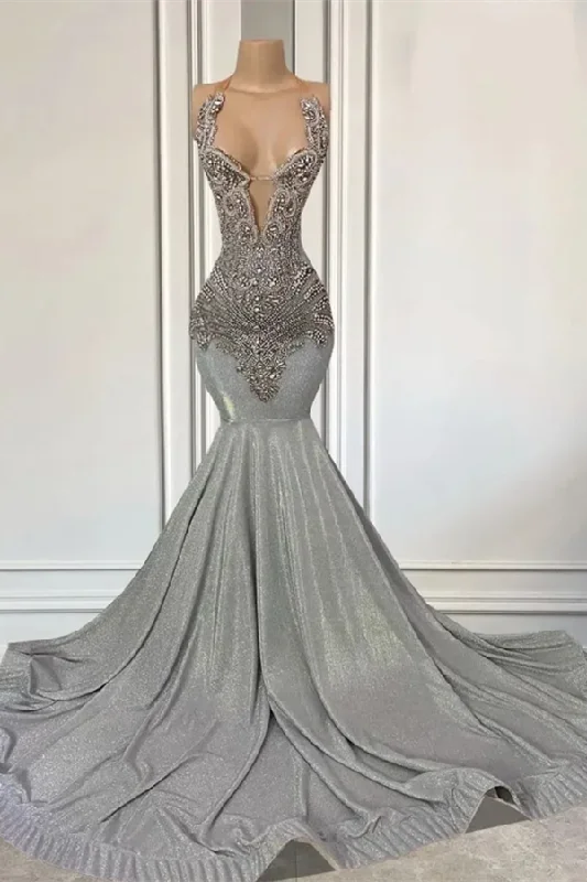 Silver Halter Mermaid Formal Dresses with Beadings