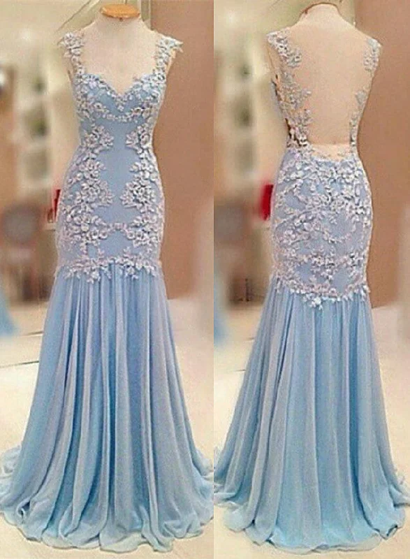 Sheer Back  Baby Blue Prom Dress Chiffon Sheath Evening Dresses
