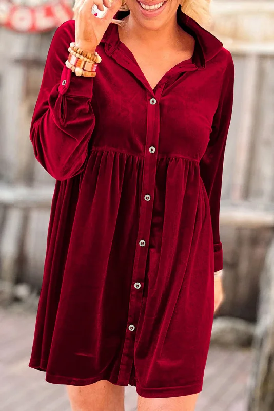 Blue Zone Planet |  Fiery Red Long Sleeve Ruffle Velvet Button Up Dress