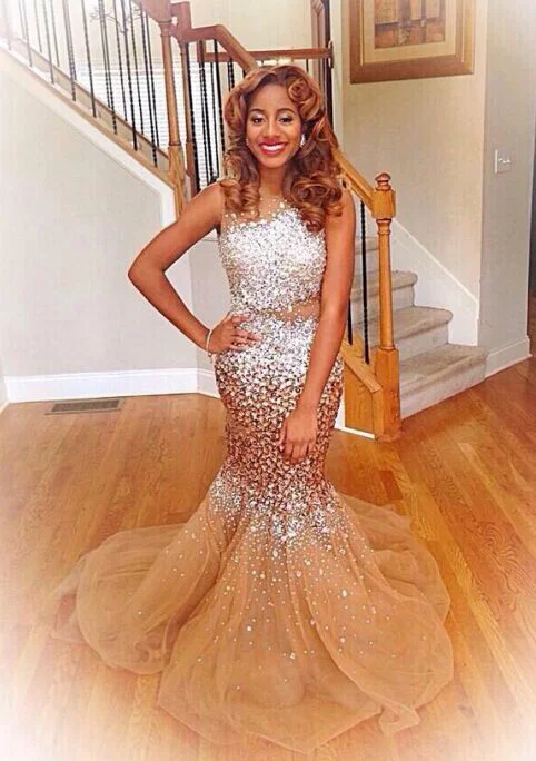 Silver Crystals Champagne Tulle Mermaid Prom Dresses Sexy  Evening Gowns BA4786