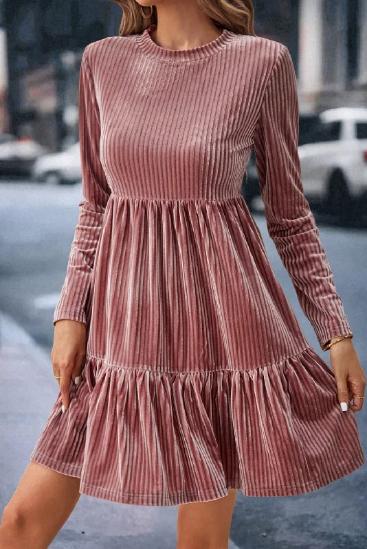 Blue Zone Planet |  Pale Chestnut Long Sleeve Tiered Textured Velvet Dress