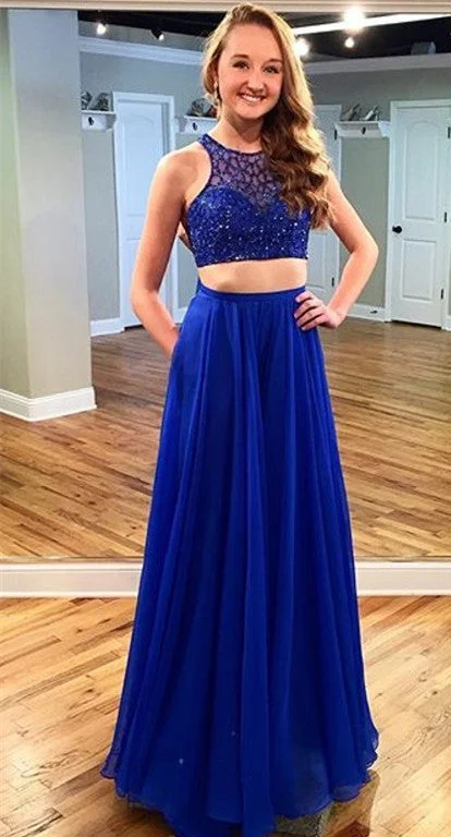 Two Piece Royal Blue Beading Evening Dresses Sleeveless  Prom Dress with Pocket