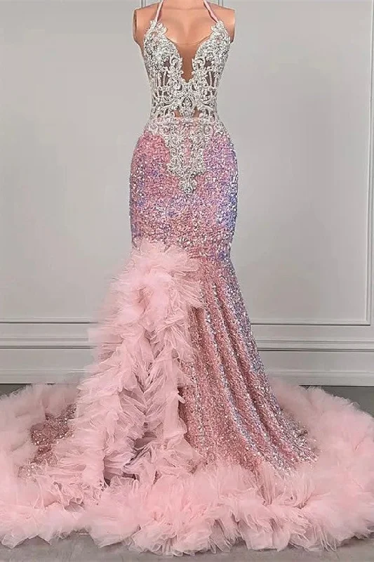 Pink Halter Mermaid Formal Dresses with Sequins Beadings and Tulle Ruffle