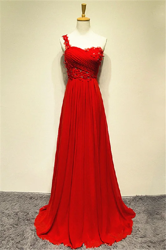 Chiffon Red One Shoulder Flowers Long Evening Dress Sweep Train Inexpensive Ruffle Zipper Prom Dresses for Women Chiffon Red One Shoulder Flowers Long Evening Dress Sweep Train Inexpensive Ruffle Zipper Prom Dresses for Women
