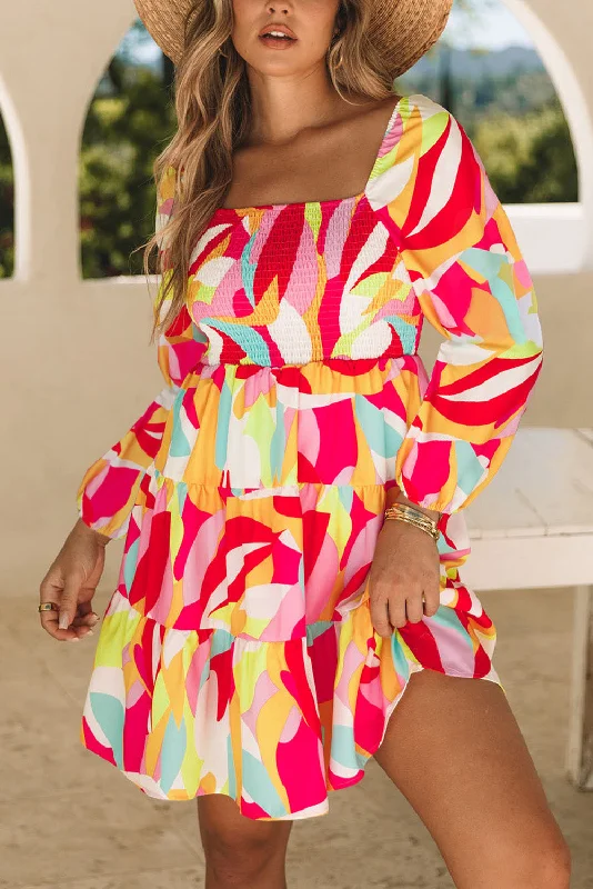 Blue Zone Planet |  Multicolor Abstract Print Puff Sleeve Smocked Square Neck Dress