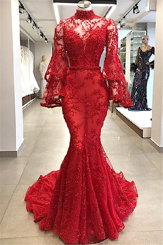 Long Sleeves High Neck Lace Red Evening Dresses | Mermaid Beads Bell Sleeves Prom Dress BC0816 Long Sleeves High Neck Lace Red Evening Dresses | Mermaid Beads Bell Sleeves Prom Dress BC0816