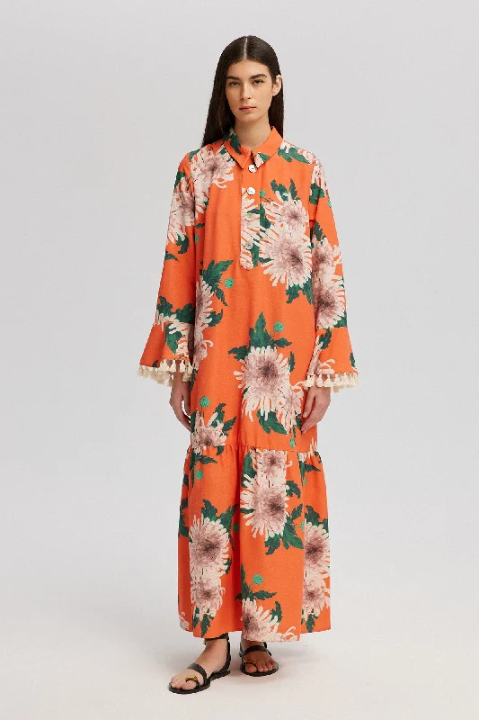 FLORAL PATTERNED NATURAL TEXTURED DRESS