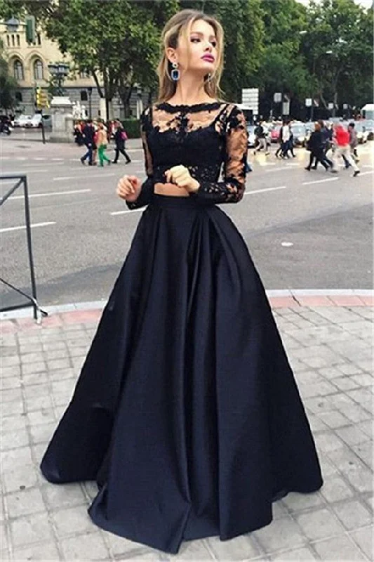 Black Lace Two Piece  Prom Dresses Long Sleeve Evening Gown CE049