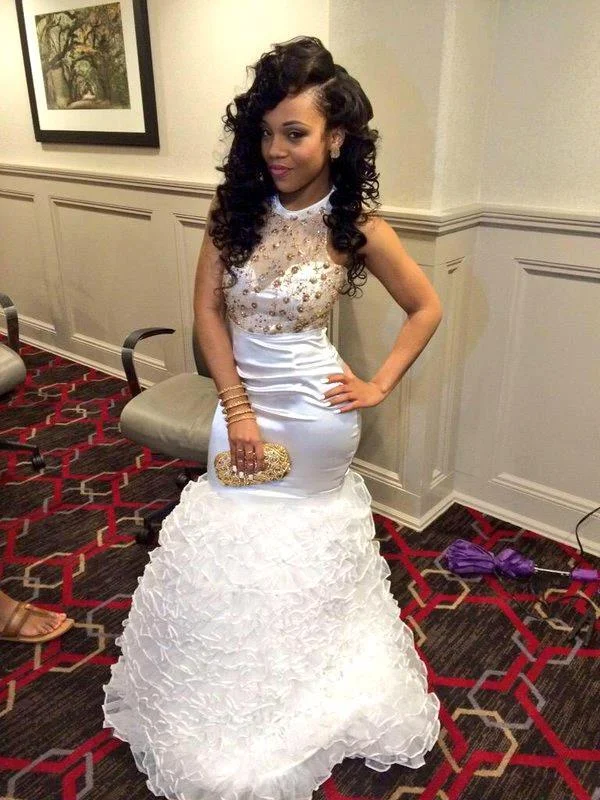 New Arrival Sexy Mermaid Prom Dress Tiered Crystal White  Evening Gown