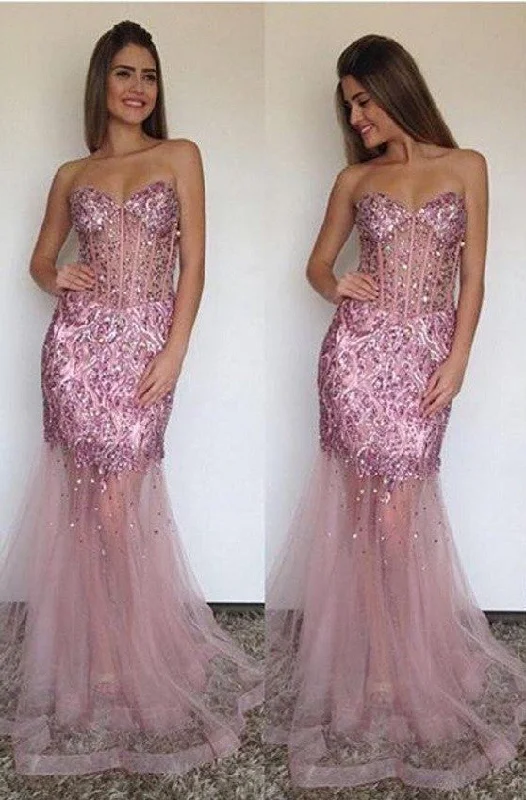 Sexy Mermaid Tulle Sweetheart Prom Dress Sparkly Beading Long  Evening Gown