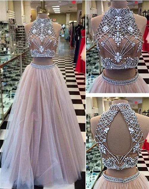 High Collar Two Piece Tulle Evening Dress with Beading A-Line Halter Long Prom Dress CE0108 High Collar Two Piece Tulle Evening Dress with Beading A-Line Halter Long Prom Dress CE0108