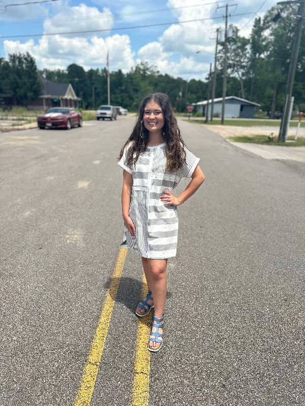 Mixed Media Striped Round Neck Dress