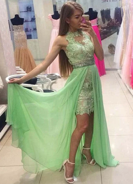 Halter Mint Green Chiffon  Prom Dresses Gorgeous Lace Baeding Evening Gowns