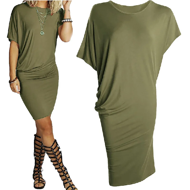 Women Summer Fashion Short Sleeve Casual Solid Dress Sexy Party Club Pleated Package Hip Dress Army Green Orange Black Women Summer Fashion Short Sleeve Casual Solid Dress Sexy Party Club Pleated Package Hip Dress Army Green Orange Black