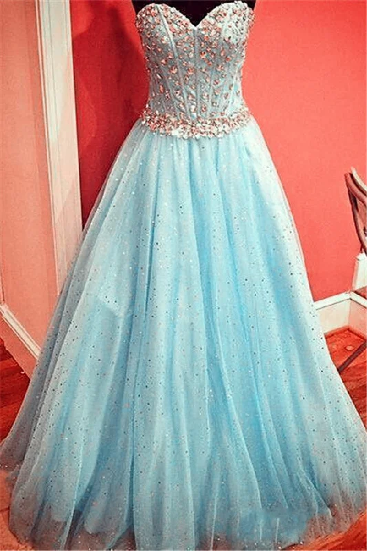 Sparkly Baby Blue Prom Dress  Sweetheart Evening Gowns with Crystals Belt