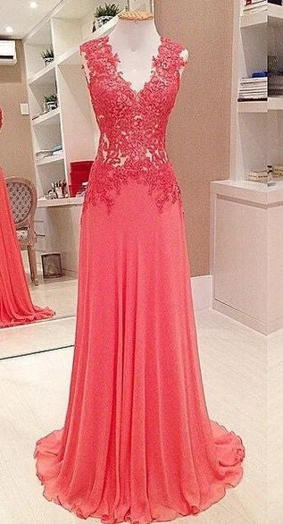 Long Chiffon Lace Prom Dresses Sleevelss V-neck Evening Gowns