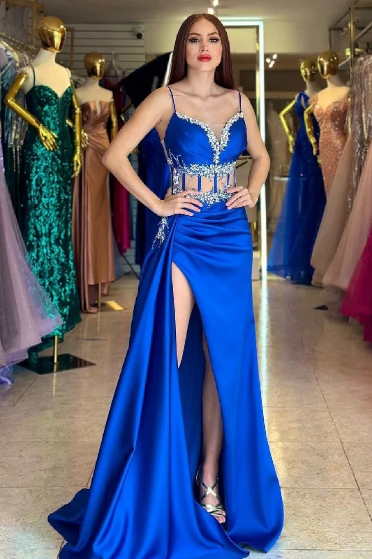 Royal Blue Prom Dress Spaghetti Straps Mermaid Ball Dress With Split Ruffles Beadings