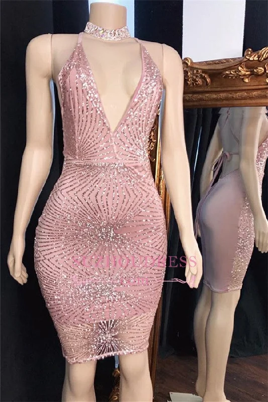 Pink Spaghetti-Straps Sequins Short Sheath Shiny Cocktail Dresses