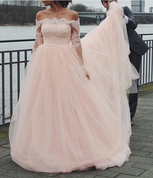 Cute Pink Off the Shoulder Prom Dress Long Sleeve Lace Tulle Evening Gown