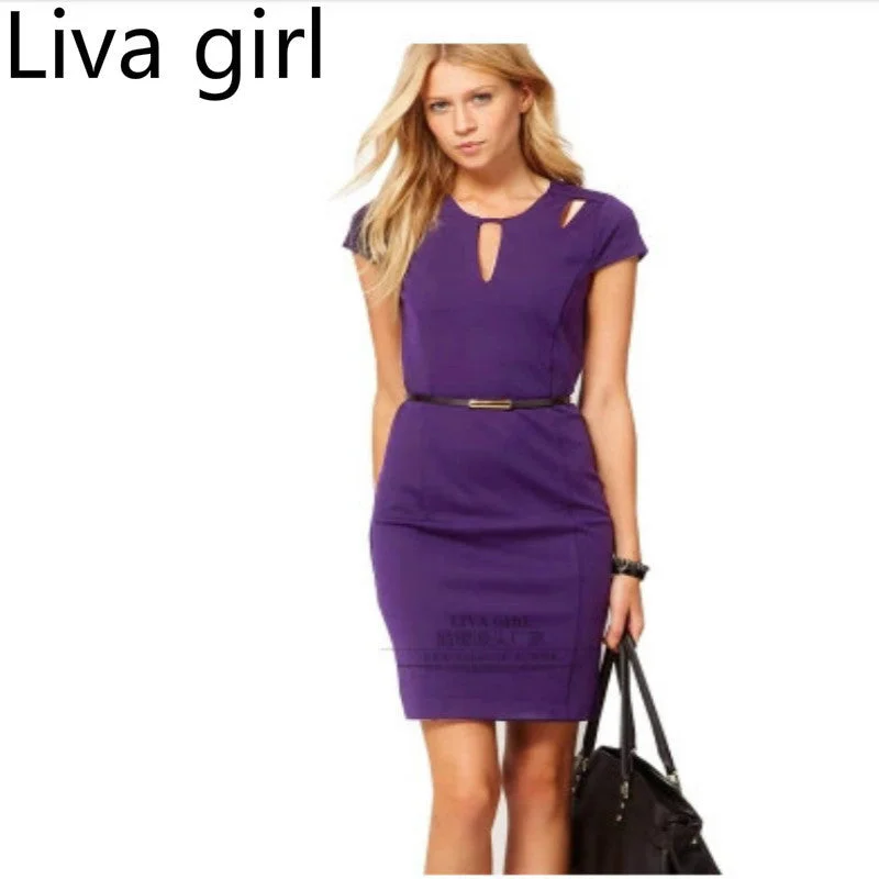 Liva girl Purple Summer Women Pencil Dress O-neck Hollow Out Sexy Short Sleeve Lady Work Dress Slim Sheath Bandage Vestidos 3XL Liva girl Purple Summer Women Pencil Dress O-neck Hollow Out Sexy Short Sleeve Lady Work Dress Slim Sheath Bandage Vestidos 3XL